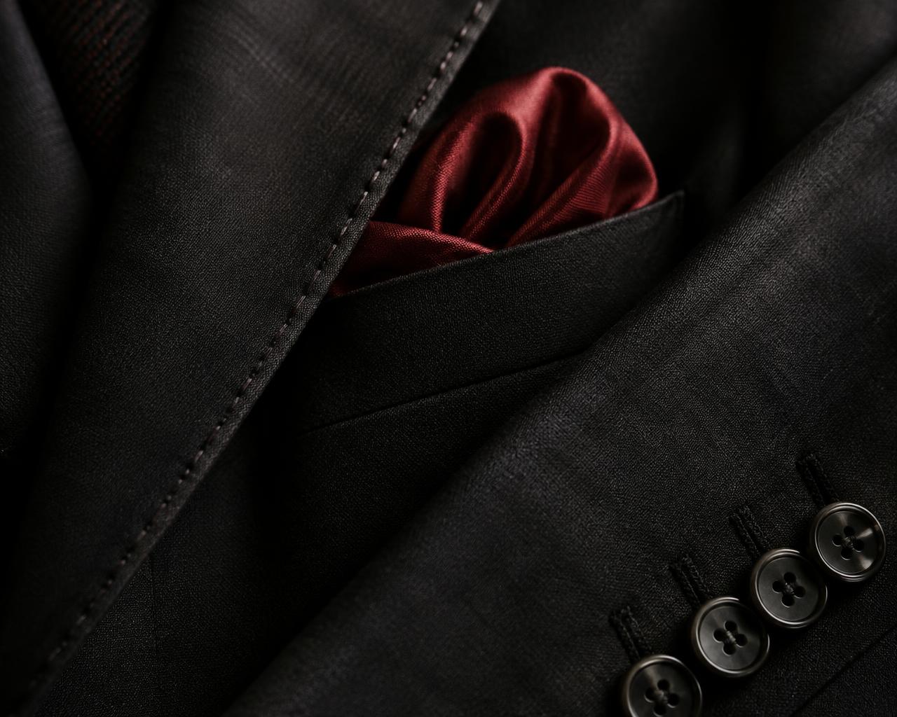 Close-up of hand-stitched suit lapel with red pocket square