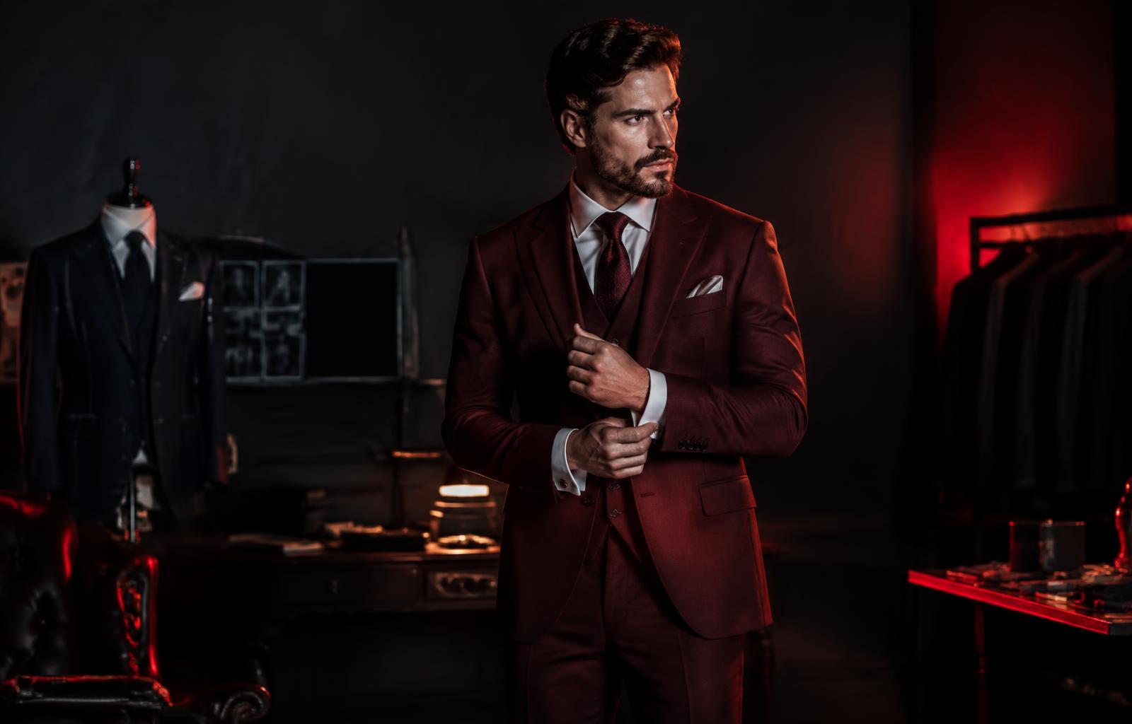 Man in a tailored burgundy suit at Nick's Precision Tailoring