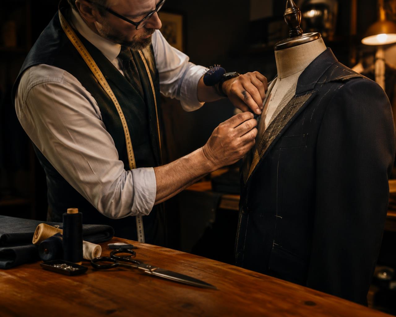 Nick hand-finishing a suit jacket in his Las Vegas workshop