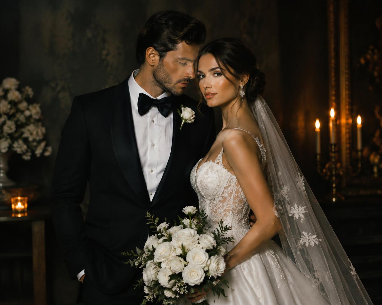 Bride and groom in tailored wedding attire